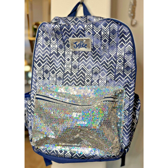 Girls Justice Navy And Silver Backpack With Sequins Back To School - Picture 2 of 7